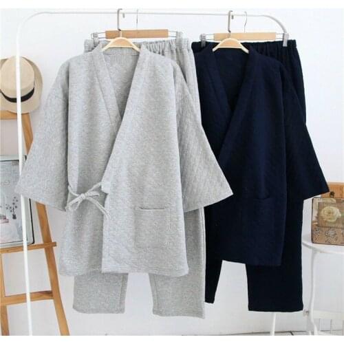 Men Japanese Cotton Kimono Pajamas Set House Coat Bath Sleepwear Nightwear Good