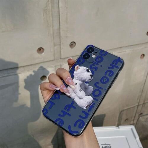 Retro Cute Wihte Bear Blue Words Transparent Phone Case for Iphone 12pro 7 8 Puls X XR XS 11 12 Mini Pro Max Protection Cover