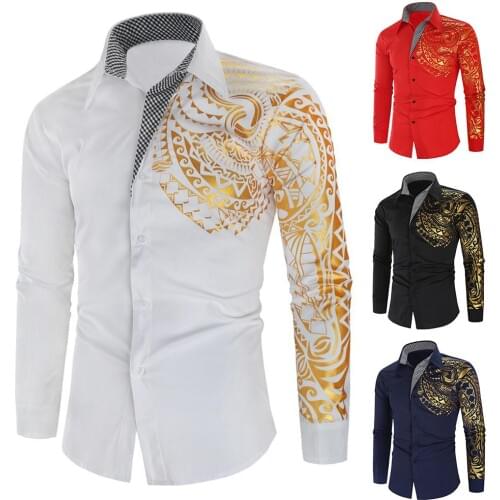 Camisa Slim Men Stamping Totem Print Turn Down Collar Buttons Shirt Top robe longue soiree hawaii shirt camisa casual hombre