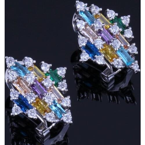Outstanding Quadrilateral Multigem Multicolor Cubic Zirconia Silver Plated Clip Hoop Huggie Earrings V0901