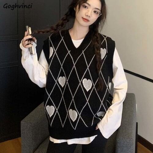 Argyle Sweater Vest Women Classic Sleeveless Sweaters Students Preppy Style Loose Soft V-neck Knitted Waistcoats Female Trendy