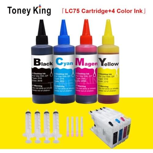 Toney King LC 75 12 40 71 73 400 1220 1240 Refillable Ink Cartridge + 4 Bottle Color Ink for Brother MFC-J6710CDW J5910 Printer