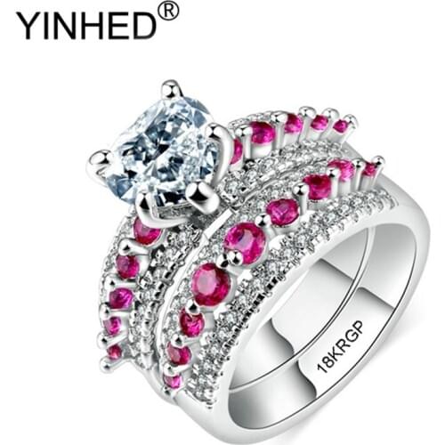 YINHED Romantic Love Heart Crystal Brand Ring Set Gold Filled Rings White/Red Cubic Zirconia For Women Wedding Jewelry ZYG024
