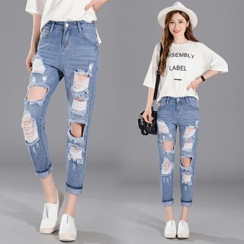 Denim fabric Destroy Wash jeans women jeans ripped hole jeans high waist pants ankle-length trousers students jeans