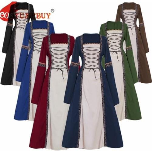 Costumebuy Womens Vintage Celtic Long Sleeve Medieval Dress Floor Length Renaissance Gothic Cosplay Halloween Costume Dress