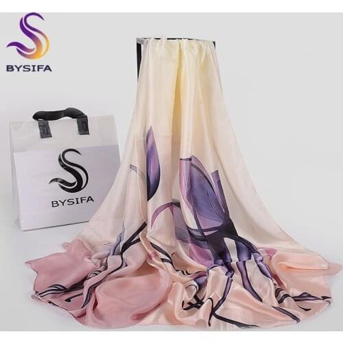 [BYSIFA] Purple Blue Floral Ladies Silk Scarf Shawl Fashion Women Long Scarves Wraps Autumn Winter Elegant Female Head Scarf