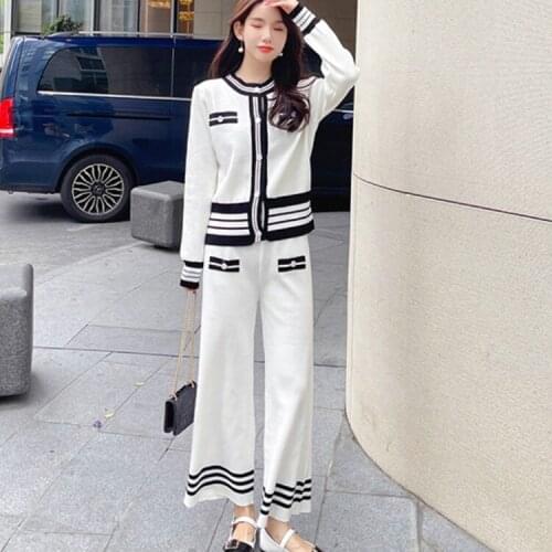 Knitted Women 2 Pieces Pant Sets 2021 Autumn Winter Single-Breasted Neck Striped Sweater Cardigan + Wide Leg Pant Outfits