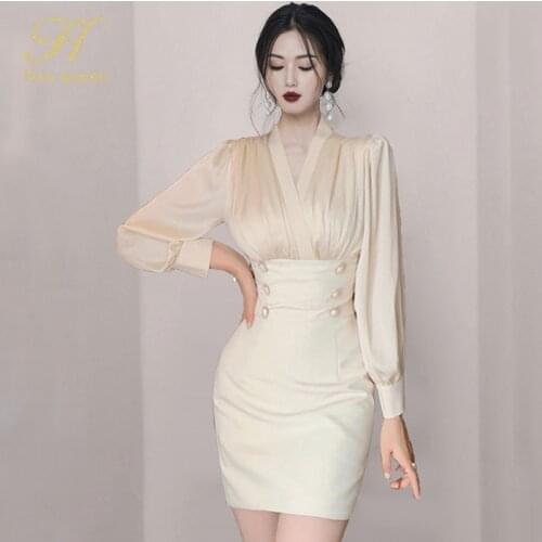 H Han Queen New Double Breasted Bodycon Sheath Dress Women 2021 V-neck High Waist Dresses Slim Occasion Casual Pencil Vestidos