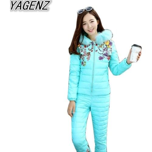 Winter Two Piece Suit New Printing Cotton Coat+Cotton Pants Sets Womens Hooded Down Cotton Jacket Suit Set Women Cotton Clothing