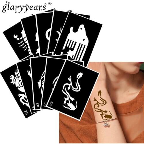 10 Pieces/Set Henna Tattoo Stencil Dragon Paste Pattern Drawing Lady Body Art Tattoo Stencil Sexy Product Waterproof 2019 HN#03