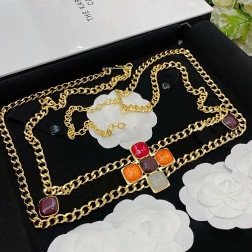 2021 Brand Fashion Jewelry Women Vintage Thick Chain Long Gold Color Colorfulr Cross C Letter Belt Party Fine Top Quality
