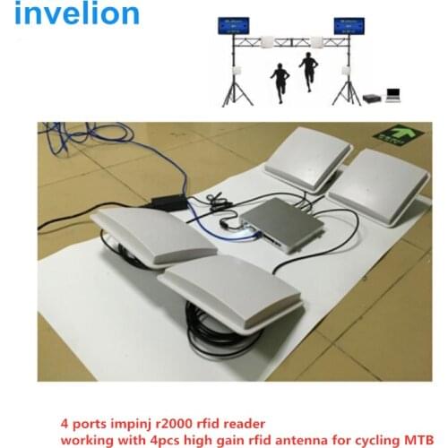 4ports Impinj r2000 uhf rfid reader RP-TNC connector with 4pcs 5m cable waterproof 9.2dbi uhf rfid antenna for cycling timing