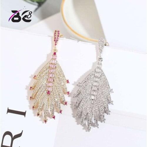 Be 8 2018 Luxury New Long Dangle Earrings Leaf Shape AAA+ CZ Drop Earrimgs for Women Fashion Bride Earrings Brincos E695