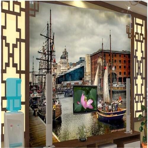 Beibehang TV wall paper silk cloth dream 3d friendly wallpaper for papel de parede wallpaper silk cloth Cityscape river sailboat
