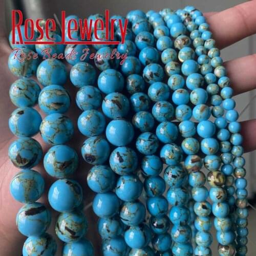 Natural Stone Blue Howlite Blue Shell Turquoises Round Loose Beads 4 6 8 10 12 MM Pick Size For Jewelry DIY Bracelet 15" Strand