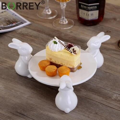 BORREY Cute Rabbit Ceramic Plate Easter Bunny Plate White Porcelain Cake Dessert Plate Porcelain Artwork Rabbit Dish Decoration