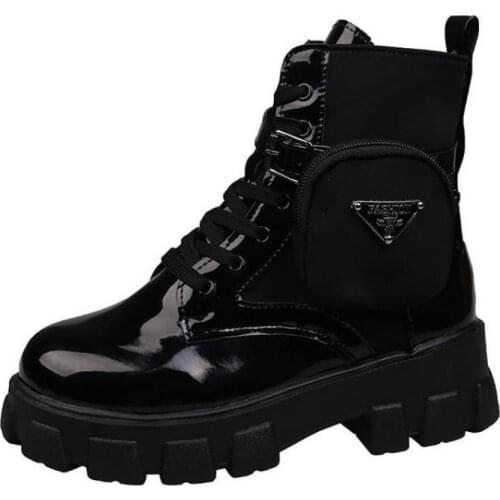 Black Platform Combat Ankle Boots For Women Lace Up Buckle Strap Woman Shoes Winter Biker Boots Big Size