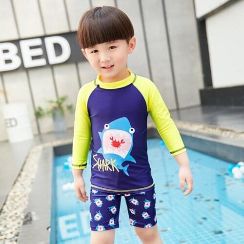 2-12 Y Boys Rash Guard Kids 2 Piece Swimwear Yellow Dark Blue Shark Pattern Children Short Sleeve Bathing Suit with Swimming Cap
