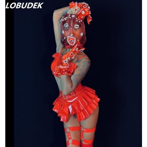 Festival Rave Funny Costume Red Rhinestones Headgear Bikini Skirt Gloves Outfit Bar Nightclub DJ Dancer Team Sexy Stage Wear