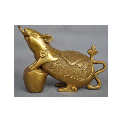 Exquisite Chinese Zodiac Animal Rat Mouse Coin Yuanbao Money Bronze Statue