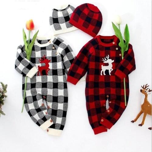 Newborn Baby Romper Christmas Deer Plaid Knitted Baby Clothes With Hat Baby Boys Girls Clothes Kids Costume Infant Baby Jumpsuit