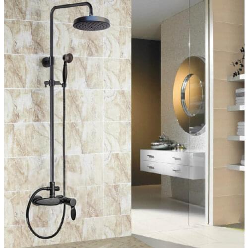 8 inch Round Rainfall Oil Rubbed Bronze Antique Brass Shower Faucet Set - Showerhead Wall Mounted Single Handle Lever ars433
