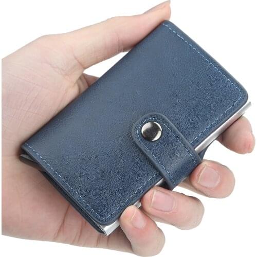 New Hasp Men Credit Card Holder RFID Blocking PU Leather Automatic Business ID Card Holder Aluminum Metal Wallet Purse for Cards