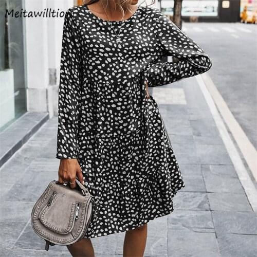 Autumn Women Dot Print A-line Dress Casual Loose Midi Maxi Dress 2020 Vintage Long Sleeve O-neck Party Dresses Vestidos