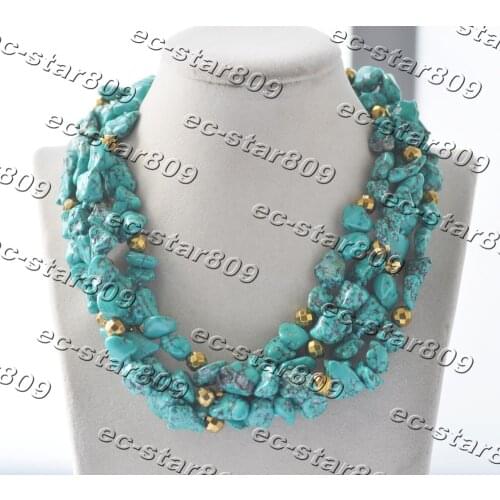 Z11227 4Row 17" 13mm Green Baroque Turquoise Golden Hematite Bead Necklace Choke Woman Fashion Jewelry
