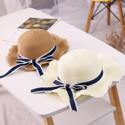 Summer Child Girls Straw Plaited Bucket Hat Beach Holiday Round Top Outdoor Bow Sun Block Hat Cap For Kids New 2021 Parent-Child