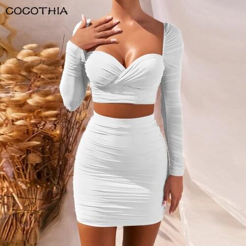 COCOTHIA Pleated Square Collar Low Cut Long Sleeve Crop Top Bodycon Skirt Autumn Winter Skinny Two Piece Set Lady Club Partywear