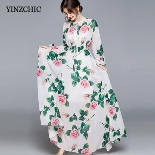 Runway Woman Spring Evening Dress O-neck Rose Printed Chiffon Long Pary Dresses for Lady Slim A-line Floor Prom Skirts Women