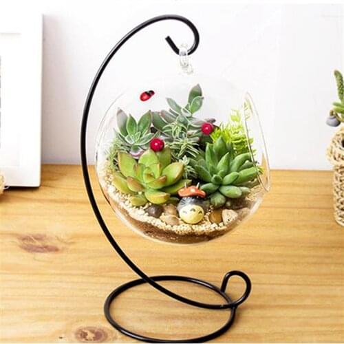 Hanging Transparent Glass Vase Desktop Terrarium with 23cm Metal Display Stand Aquarium For Succulent Planters Home Office Decor