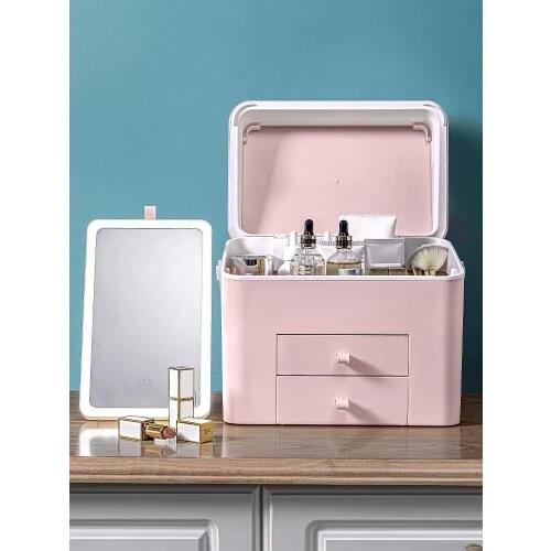 LED Light Mirror Cosmetic Storage Box Desktop Makeup Organizer Dustproof Drawer Jewelry Nail Polish Makeup Container For Travel