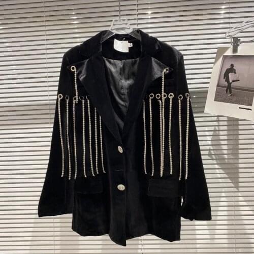 European Autumn New Heavy Industry Metal Ring Diamond Chain Design Velvet Suede Loose Suit Jacket Women Fashion Streetwear 2021