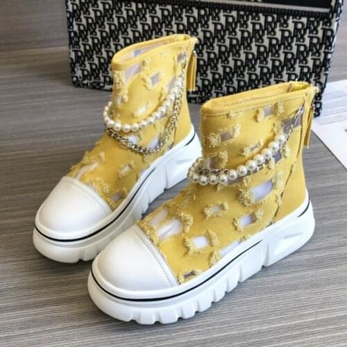 2021 Summer Autumn High Top Canvas Sneakers for Women Flats Pearl Hollow Out Woman Sports Shoes Zip