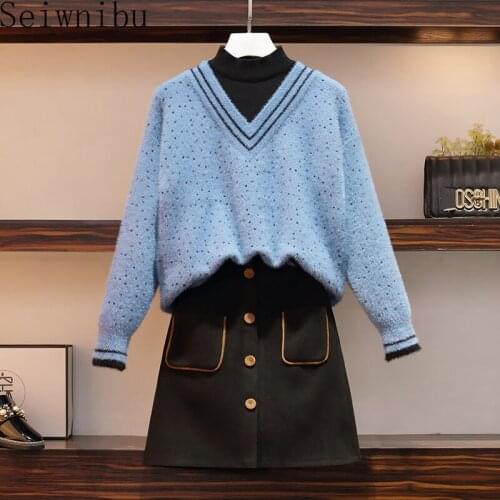 Women 2021 Autumn Winter New Fashion Two Piece Set Female Long Sleeve Knitted Sweater+High Waist Skirt Ladies Sets Outfits
