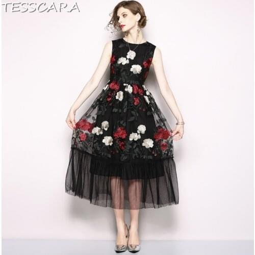 TESSCARA Women Summer Elegant Embroidery Mesh Dress Festa Female High Quality Designer Floral Party Vestidos Vintage Robe Femme
