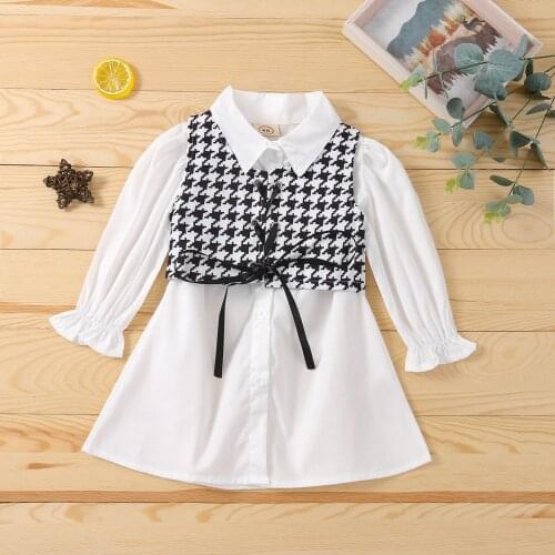 1-6Y Fashion Autumn Children Kids Girls Dress Suits Solid Long Sleeve Button Shirt Dress+Plaid Print Bandage Vest Tops Outfits