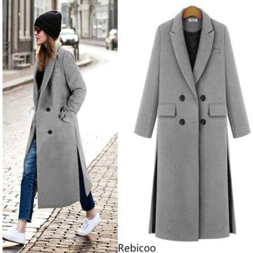 Women Fall / Winter Simple Notched lapel Woolen Cashmere Long Coat Female Overcoat Manteau femme