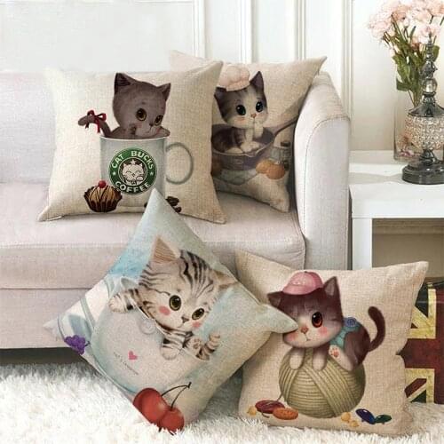 Lovely Cup Cat Sofa Cushion Cover Decorative Pillow Cover Fauxlinen Square Living Room Car Chair Couch Pillowcase Home Decor