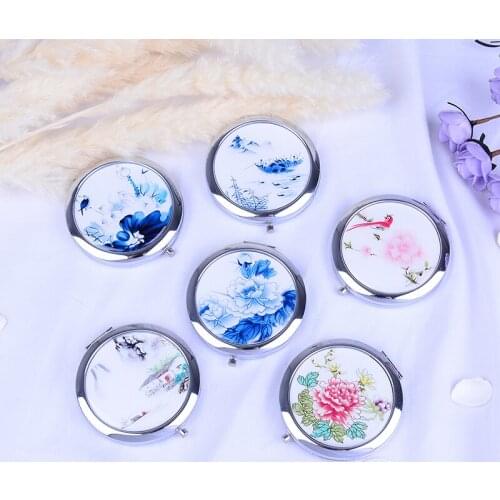 L13 Double Sided Magnifying Folding Makeup Mirror White and Blue Porcelain Mirrors Mini Makeup Compact Pocket Mirror