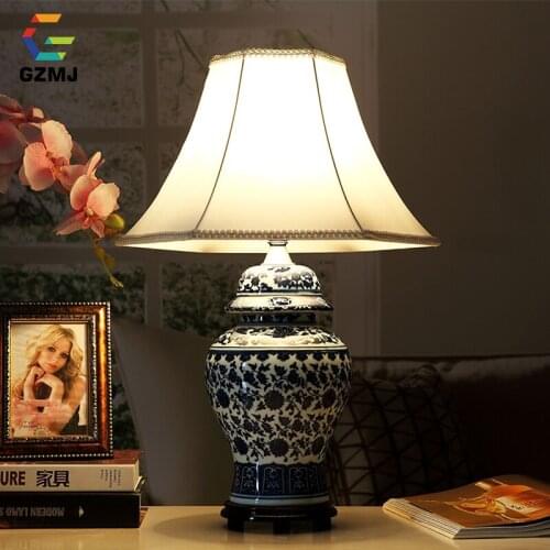 GZMJ Art Deco Porcelain Table Lamp Chinese Style E27 Base Holder Ceramic Desk Lamp for Bedroom/Living Room LED Desk Lamps