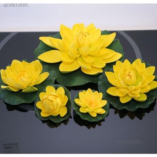 Yellow Artificial fake Simulation Lotus Leaves flowers Heads Water pond Garden home Lily Floating Fish Tank Pond Wedding D24