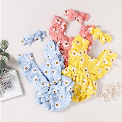 0-24M Summer Newborn Baby Girls Two-Piece Elastic Clothes Set Sweet Cute Daisy Floral Printed Sleeveless Romper + Headband