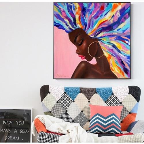 Beautiful Black Girl with Colored Hair Wall Art Canvas Painting Nordic Posters and Prints Wall Pictures for Living Bedroom Decor