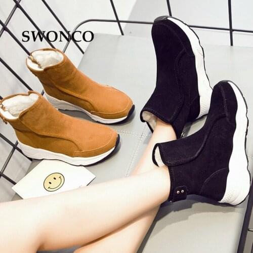 Nice Womens Snow Boot Genuine Leather Thick Plush Warm Winter Boots Ankle Boots For Women High Heels Platform Winter Boot