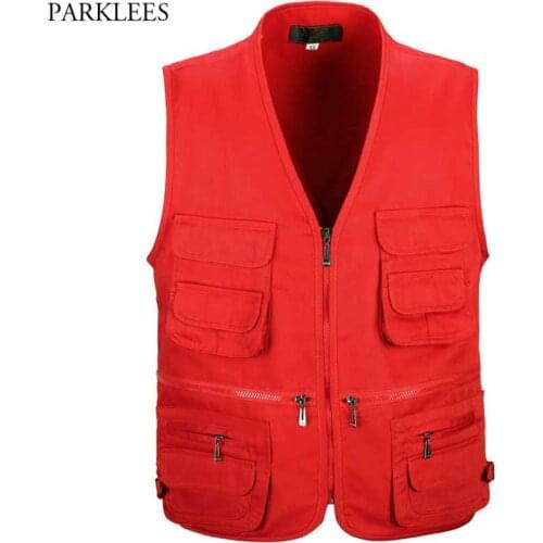 Red Outdoor Work Photo Vest 2020 Brand New Cotton Casual Sleeveless Waistcoat Men Multi-Pockets Zipper Front Cargo Vests Male