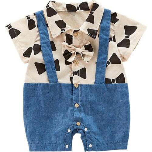 Summer baby jumpsuit full moon boy baby small bow tie short-sleeved handsome romper fake two-piece suspender suit thin