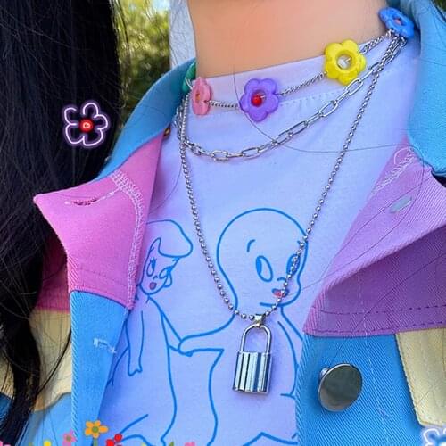 Y2K Harajuku Multi Storey Rainbow Flower Pendant Necklace for Women Metal Lock Charm Cool Vintage Choker Necklace Jewelry Gifts